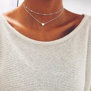 2 Necklace Set Choker Heart Pendant Silver